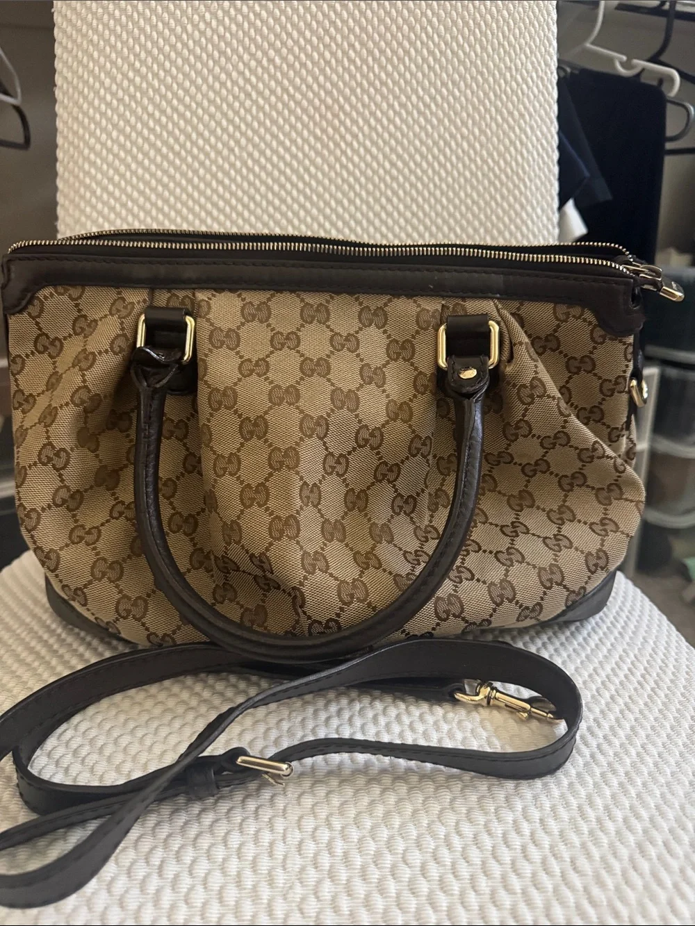 Gucci Beige Brown GG Canvas Satchel with Dark Brown Leather Trim